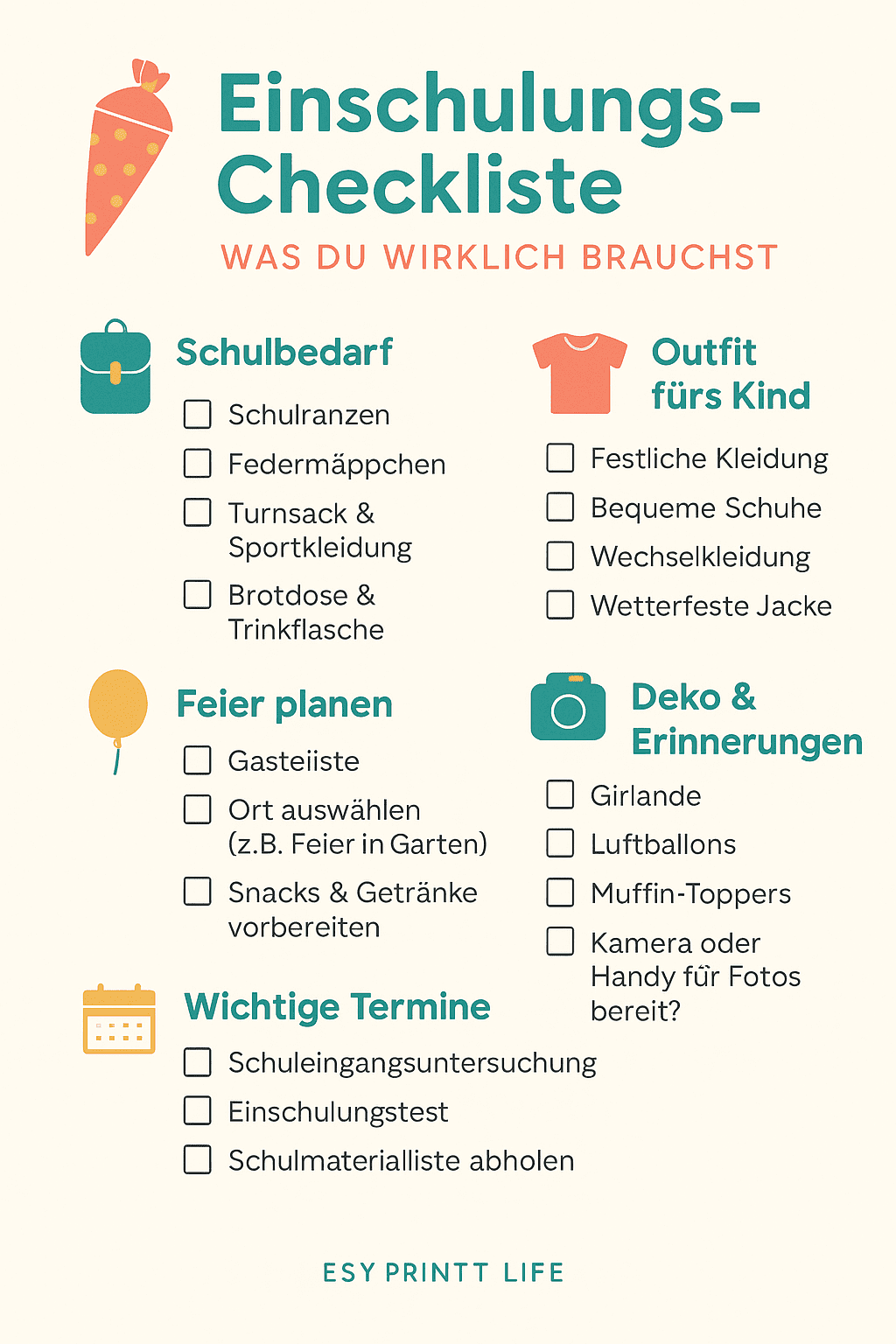 Auf dem Bild siehst du eine Vorlage für eine Checkliste zur Einschulung. Sie ist in Mint, Creme und Pfirsich gehalten