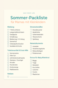 Aufdem Bild siehst du eine Checkliste zum Abhaken für eine Packliste für den Sommerurlaub mit Kleinkindern