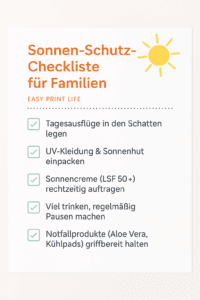 Auf diesem Bild ist eine Checkliste für Sonnenschütz bei Familien aufgelistet. Die Überschrift ist orange und rechts ist eine Sonne zu sehen. Darunter sind 5 Punkte zum Sonnenschutz aufgelistet