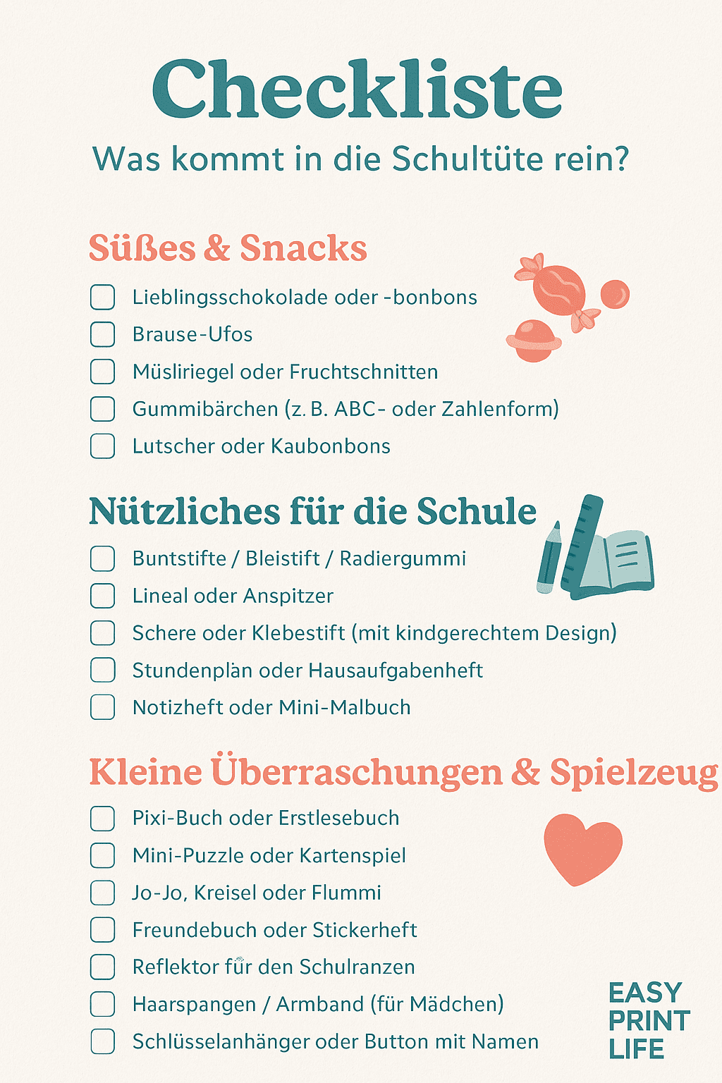 Aufdem Bild siehst du eine Checkliste für die Füllung der Schultüte