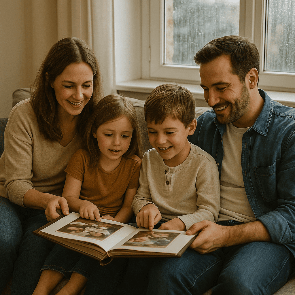 Familie schaut bei Regen ein Fotoalbum an