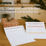 Frühstart für Weihnachten: Geschenklisten & Budget-Tracker zum Ausdrucken Geschenke-Liste und Budget-Tracker für Weihnachten liegen auf einem Küchentisch