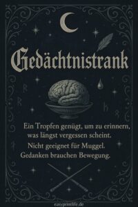 Etikett im Harry Potter Stil für einen Gedachnistrank.