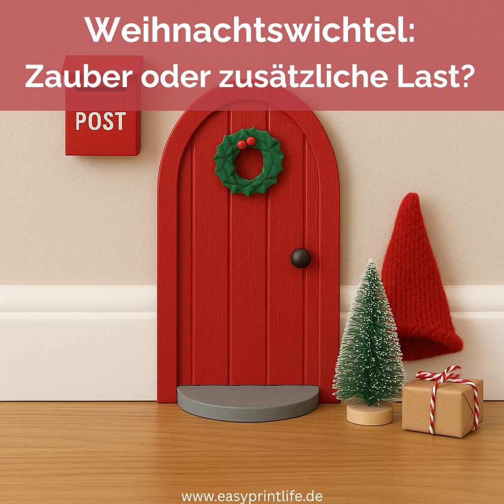 Rote Wichteltür mit Türkranz, Postkasten und Mütze, Geschenk und Tannenbaum.