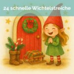 Eine kichernde Wichtelin mit roter Mütze vor einer Wichteltür