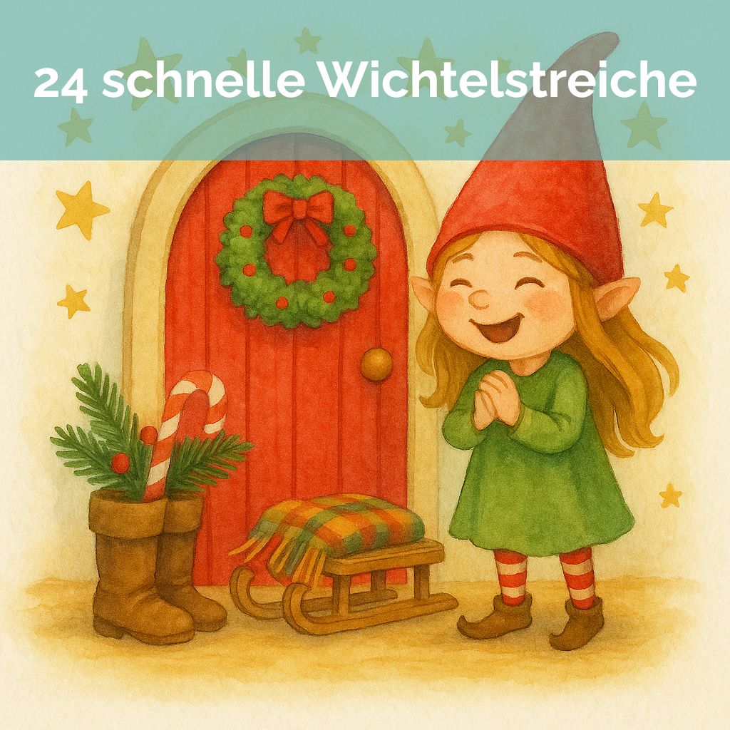 Eine kichernde Wichtelin mit roter Mütze vor einer Wichteltür