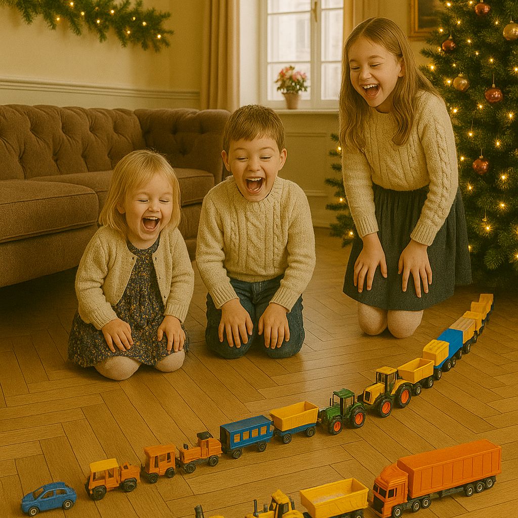 3 Kinder sitzen im Wohnzimmer auf dem Boden und schauen einen Zug aus Spielzeug Fahrzeugen an
