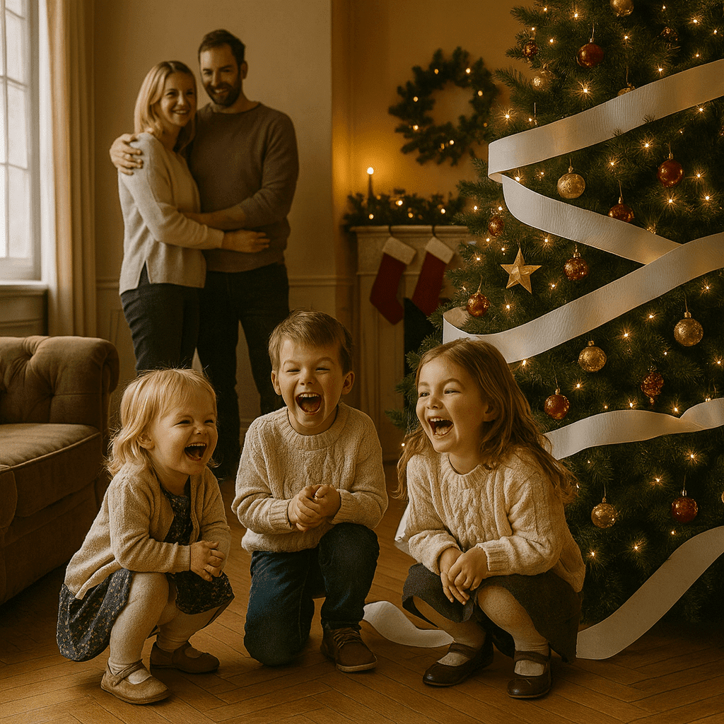 3 Kinder sitzen lachend vor einem Weihnachtsbaum, der mit Klopapier umwickelt wurde.
