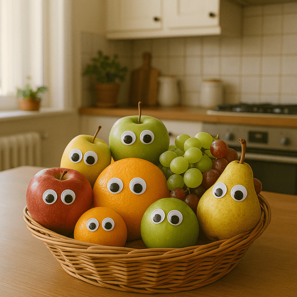 Obstkorb mit Wackelaugen auf Obst