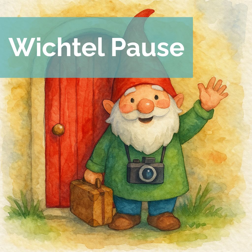 Ein Bild mit Wasserfarben gemalt von einem Wichtel mit roter Mütze und weißem Bart, der eine Kamera um den Hals gehängt hat und einen Koffer trägt. Mit der anderen Hand winkt er. Er steht vor einer roten Wichteltür. Text auf Türkise Hintergrund: Wichtel Pause