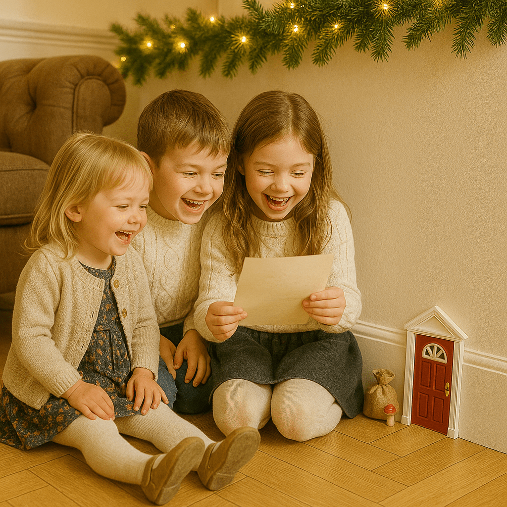 Drei Kinder sitzen in einem gemütlichen Wohnzimmer auf dem Boden vor einer roten Wichteltür und lesen den Brief vom Wichtel