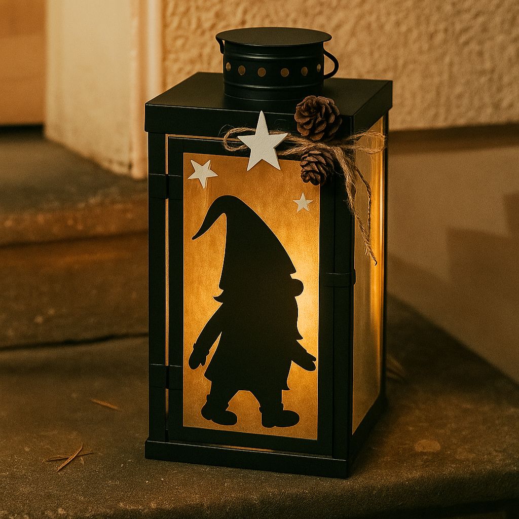 Laterne aus Metall mit Wichtel aufTreppenstufe