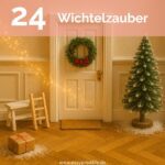 Eine weiße Wichteltür an einer Wand mit Stuckborte und Parkett. Rechts daneben eine Miniatur Tanne und links daneben eine kleine Holzleiter, eine Bank und ein Paket. Oben als Überschrift steht: 24 Wichtelzauber