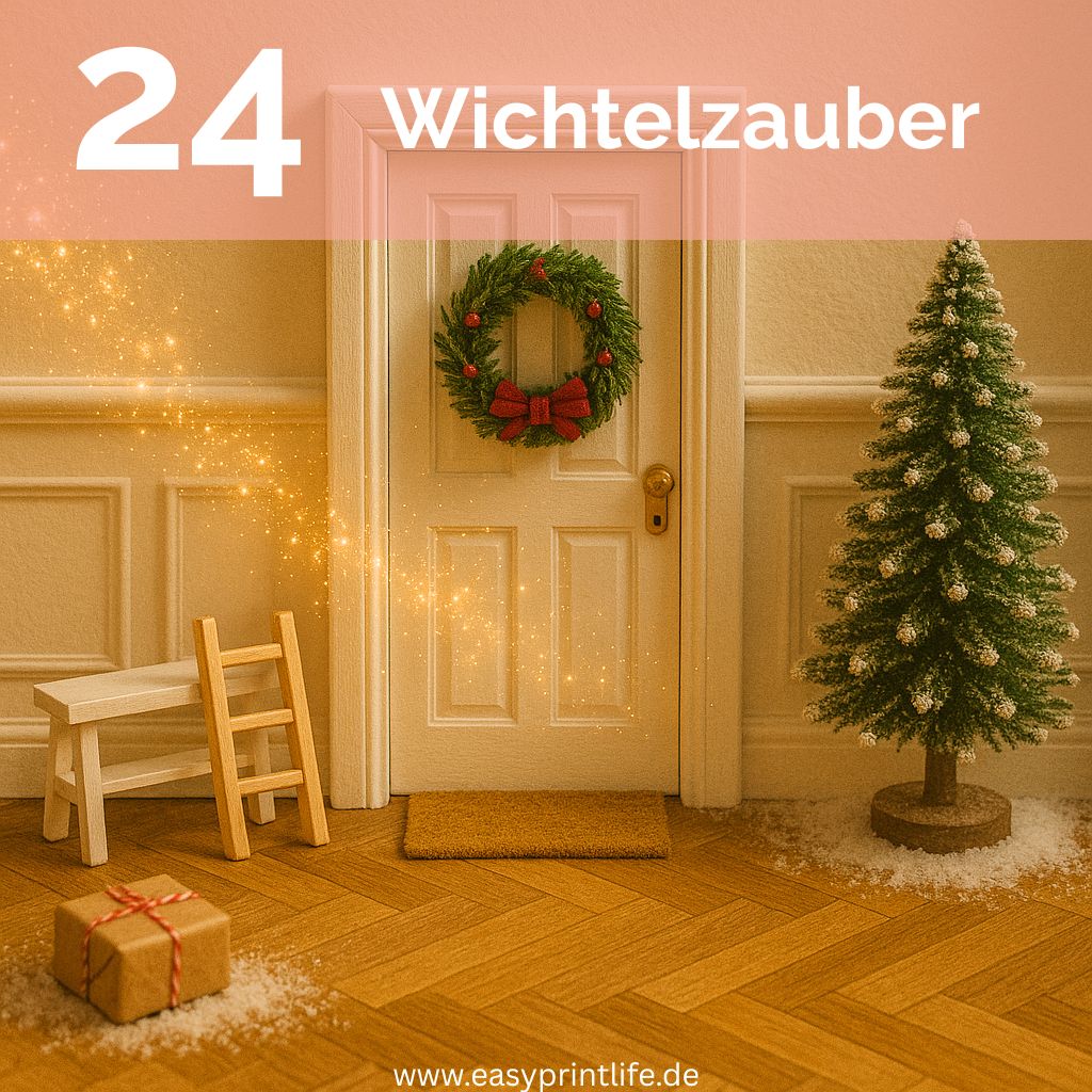Eine weiße Wichteltür an einer Wand mit Stuckborte und Parkett. Rechts daneben eine Miniatur Tanne und links daneben eine kleine Holzleiter, eine Bank und ein Paket. Oben als Überschrift steht: 24 Wichtelzauber