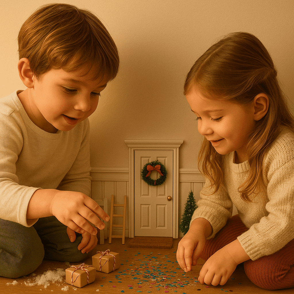 zwei Kinder hocken vor einer weißen Wichteltür mit Türkranz und streuen Glitzer über Konfetti