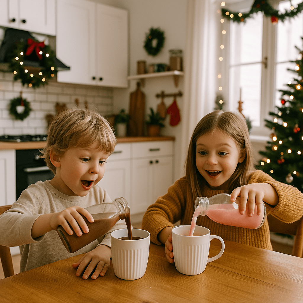 Zwei Kinder sitzen in einer Küche und gießen sich  erstaunt Erdbeermilch und Kakao in ihre Tassen