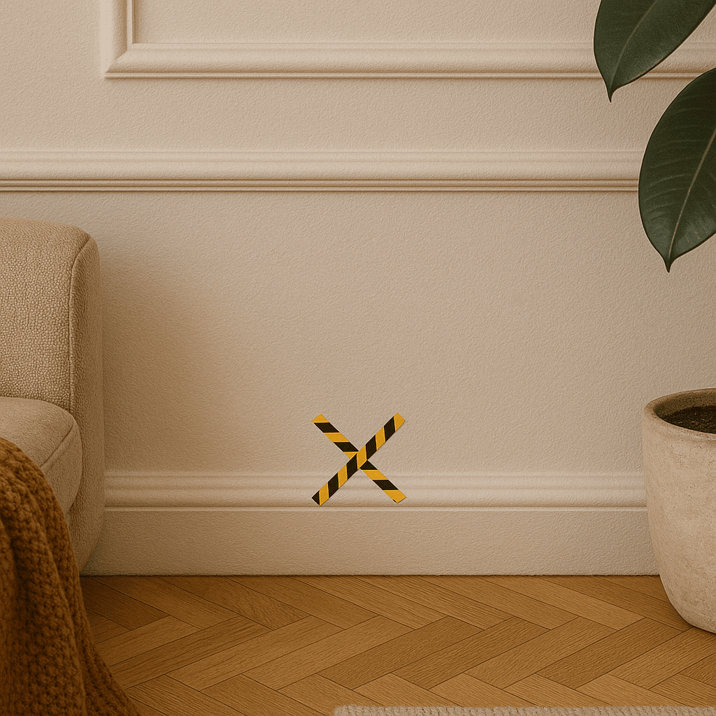 Wohnzimmer Wand mit Mini Absperrband als Kreuz an der Wand