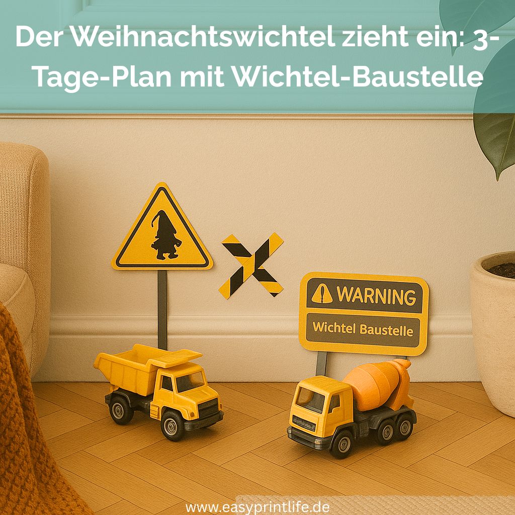 Auf dem Bild wird eine Wichtelbaustelle gezeigt. Ein Kreuz aus Absperrband, ein Wichtel-Schild und zwei kleine gelbe Baustellen Fahrzeuge