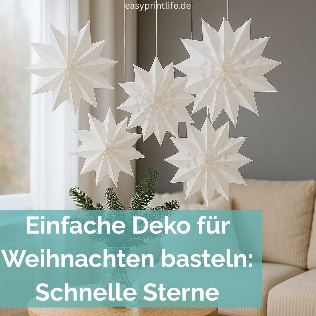 Auf dem Bild sind 5 weiße Sterne aus Butterbrottüten zu sehen. Sie hängen von der Decke. Links ist ein Fenster und rechts unten eine beige Cordcouch. Unten ist steht türkis hinterlegt: Einfache Deko für Weihnachten basteln: Schnelle Sterne