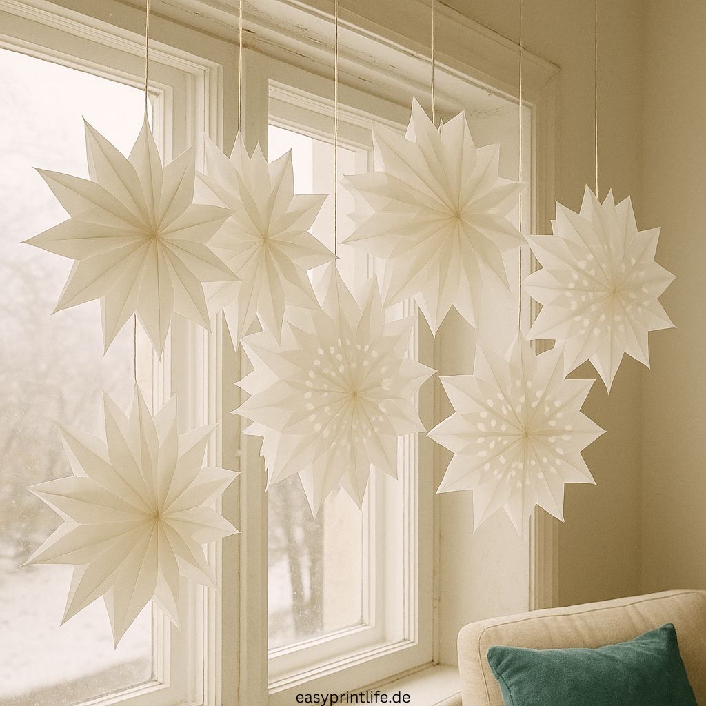 Auf dem Bild hängen 7 Sterne aus Butterbrottüten an einem Fenster