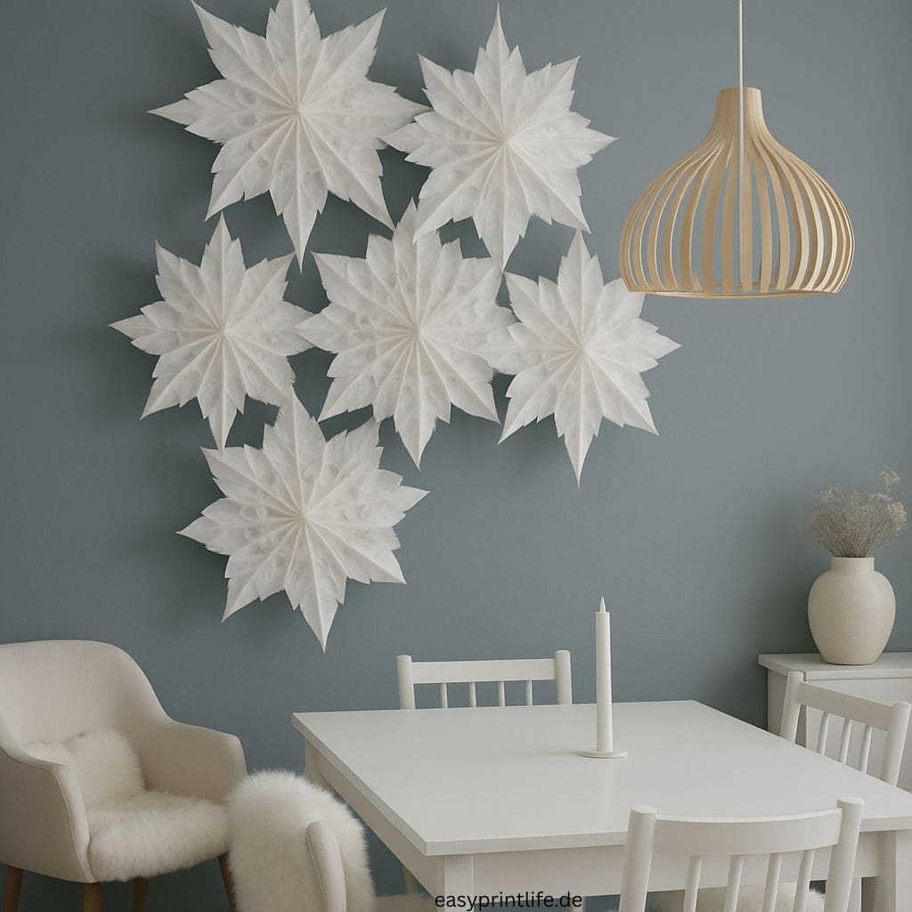 Auf dem Bild ist ein Esszimmer zu sehen, das in taubenblau gestrichen ist. Von derDecke hängen 6 Sterne aus Butterbrottüten. Links oben ist eine Lampe aus Bast und unten ist ein weißer Esstisch mit einer weißen Kerze drauf zu sehen mit 5 Stühlen.