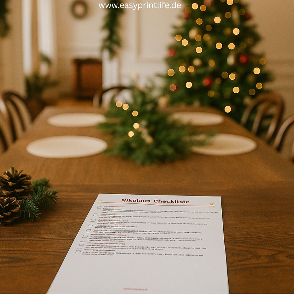 Eine Checkliste für Nikolaus liegt auf einem Holztisch, der weihnachtlich geschmückt ist und mit Tellern gedeckt ist. Im Hintergrund ist ein Weihnachtsbaum zu erkennen
