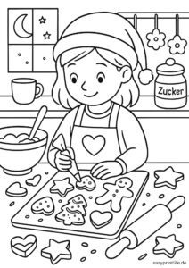 Aufdem Bild ist ein Ausmalbild zu sehen von einem Mädchen, das Plätzchen backt