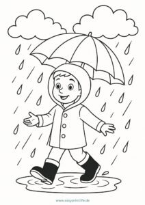 Auf dem Bild ist ein Ausmalbild von einem Jungen zu sehen, der fröhlich durch den Regen läuft