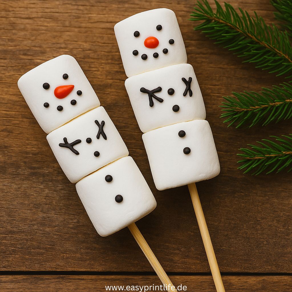 Auf dem Bild sind zwei selbstgemachte Schneemänner aus Marshmallows zu sehen. 3 Marshmallows übereinander auf eine Schaschlikspieß und mit Zuckerstift ein Schneemann gemalt. 