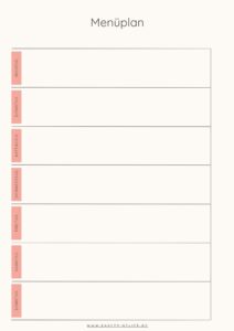 Auf dem Bild ist eine Vorlage von einem Menüplan für die Woche zu sehen mit Elementen in pfirsichrosa