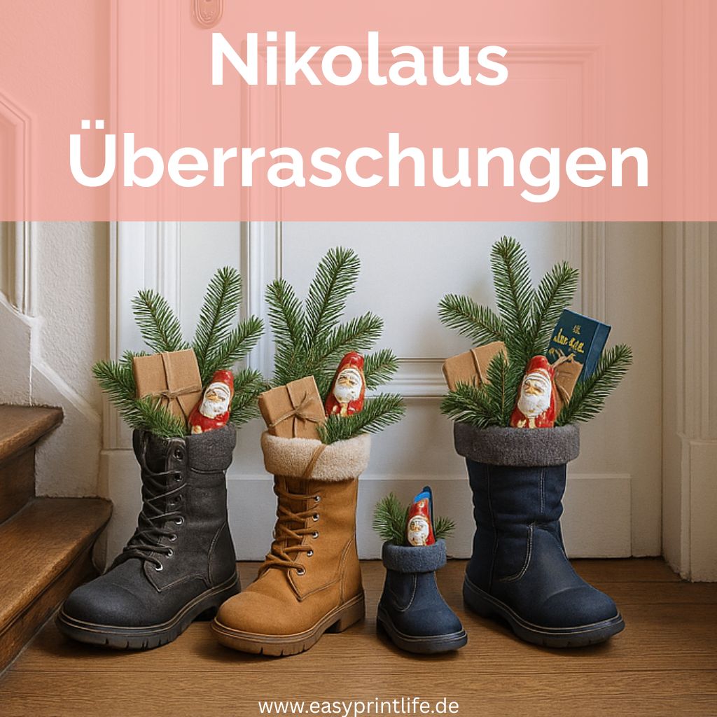 Auf einem Holzboden stehen vor einer weißen Tür 4 Stiefel, die zu Nikolaus mit jeweils einem kleinen Geschenk, einem Schokonikolaus und einem Tannenzweig gefüllt wurden. Darüber ist ein rosa Textfeld auf dem mit weißer Schrift steht: Nikolaus Überraschungen