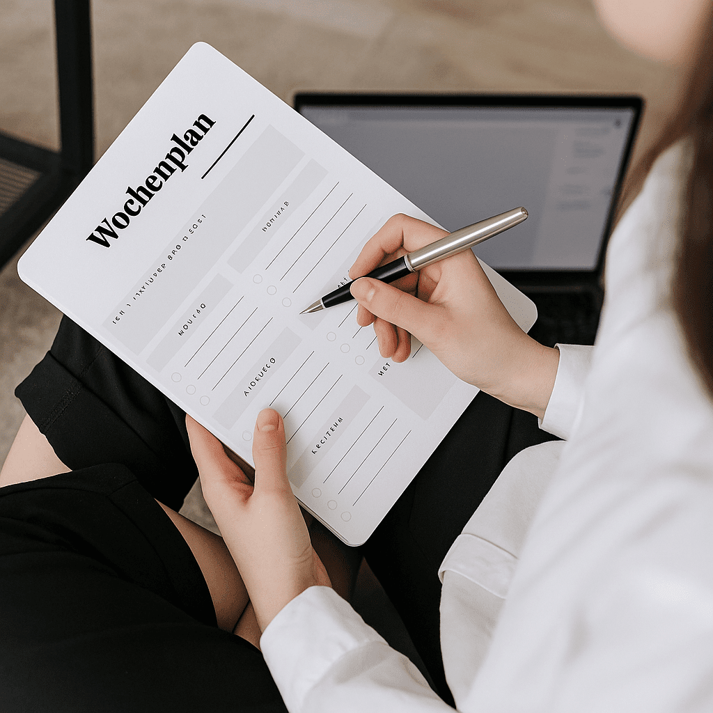 Eine Frau sitzt auf einem Sofa und hat einen Planer und einen Stift in der Hand. Man schaut ihr schräg über die Schulter und sieht ihr Gesicht nicht