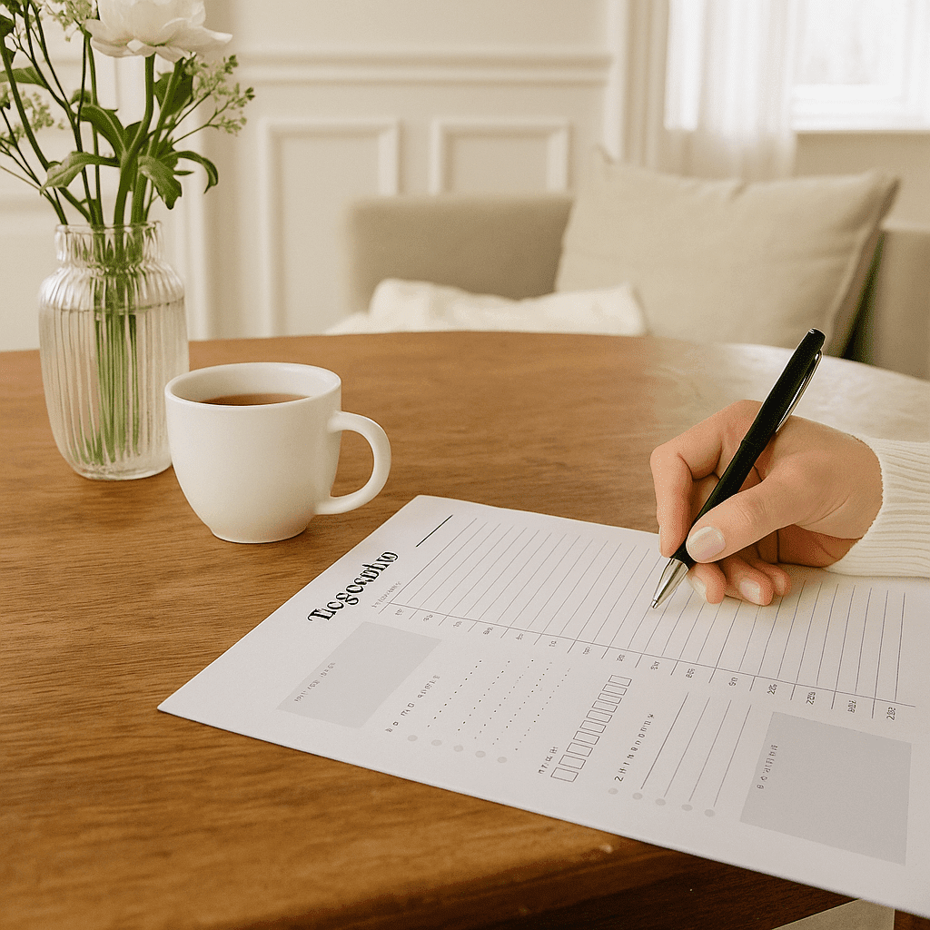 auf dem bild ist ein Holztisch zu sehen auf dem ein Planer liegt, der ausgefüllt wird. man sieht eine Hand, die einen Stift hält. außerdem stehen eine Tasse und Blumen auf dem Tisch