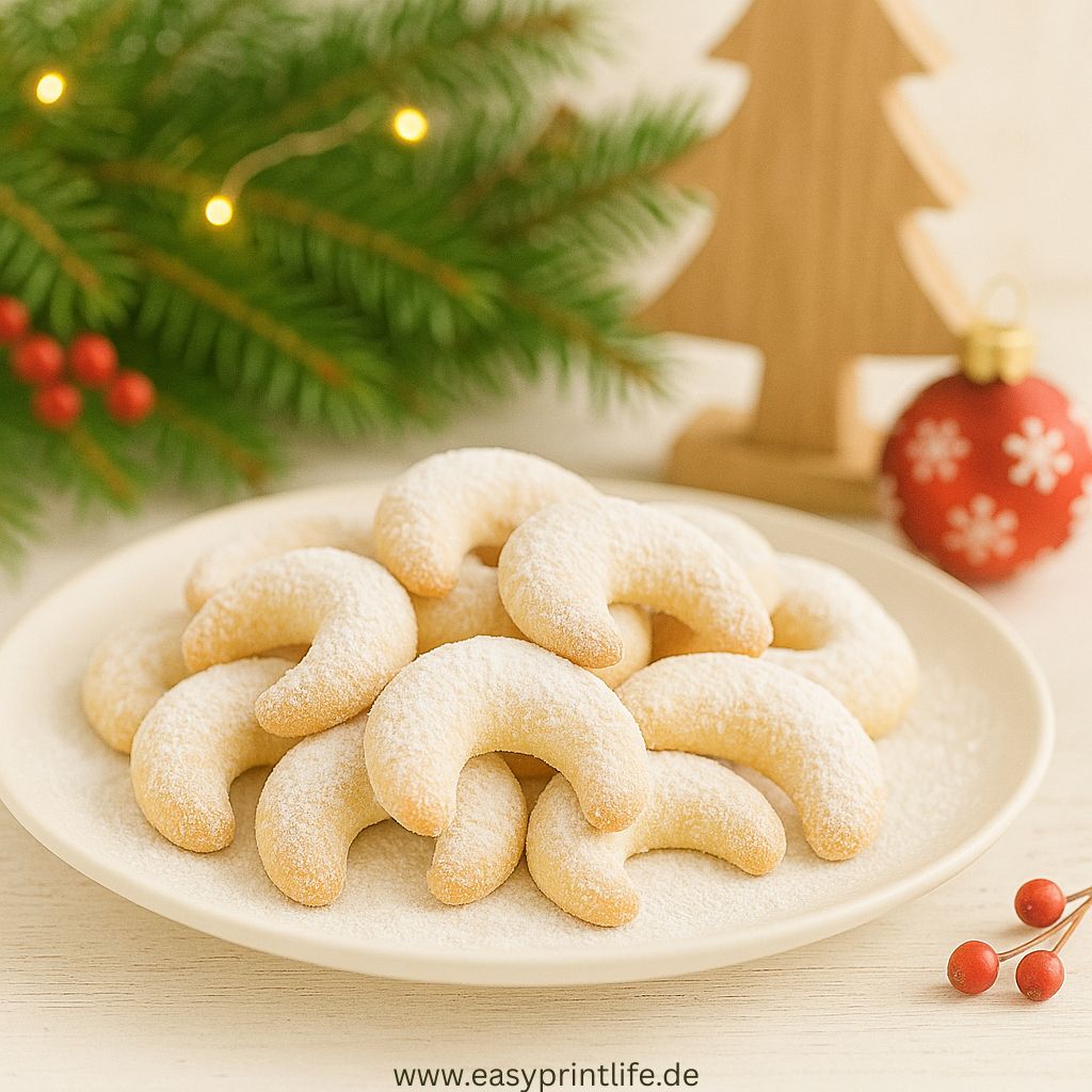 auf dem Bild ist ein Teller mit Vanillekipferl zu sehen. Im Hintergrund ist weihnachtliche Dekoration