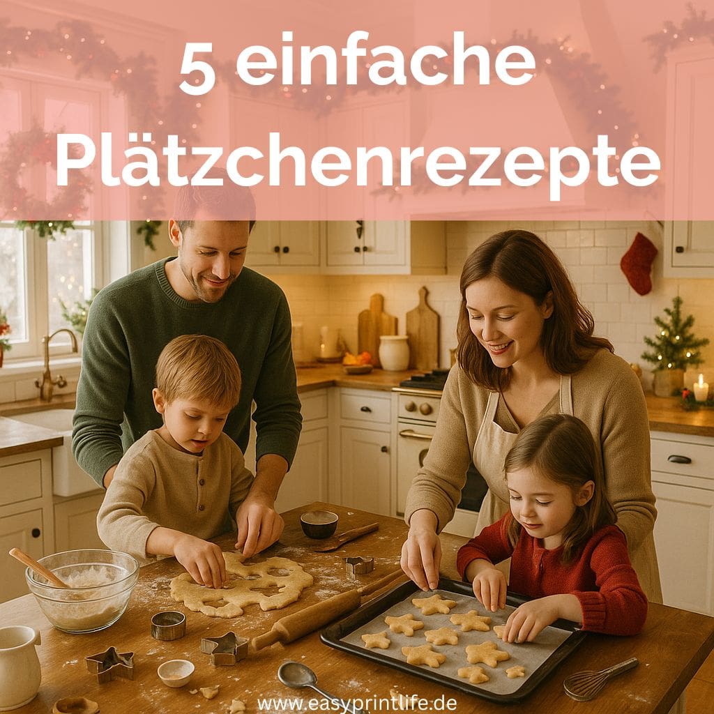 Auf dem Bild ist eine Familie zu sehen, die in einer weihnachtlich geschmückten Küche Plätzchen ausstechen