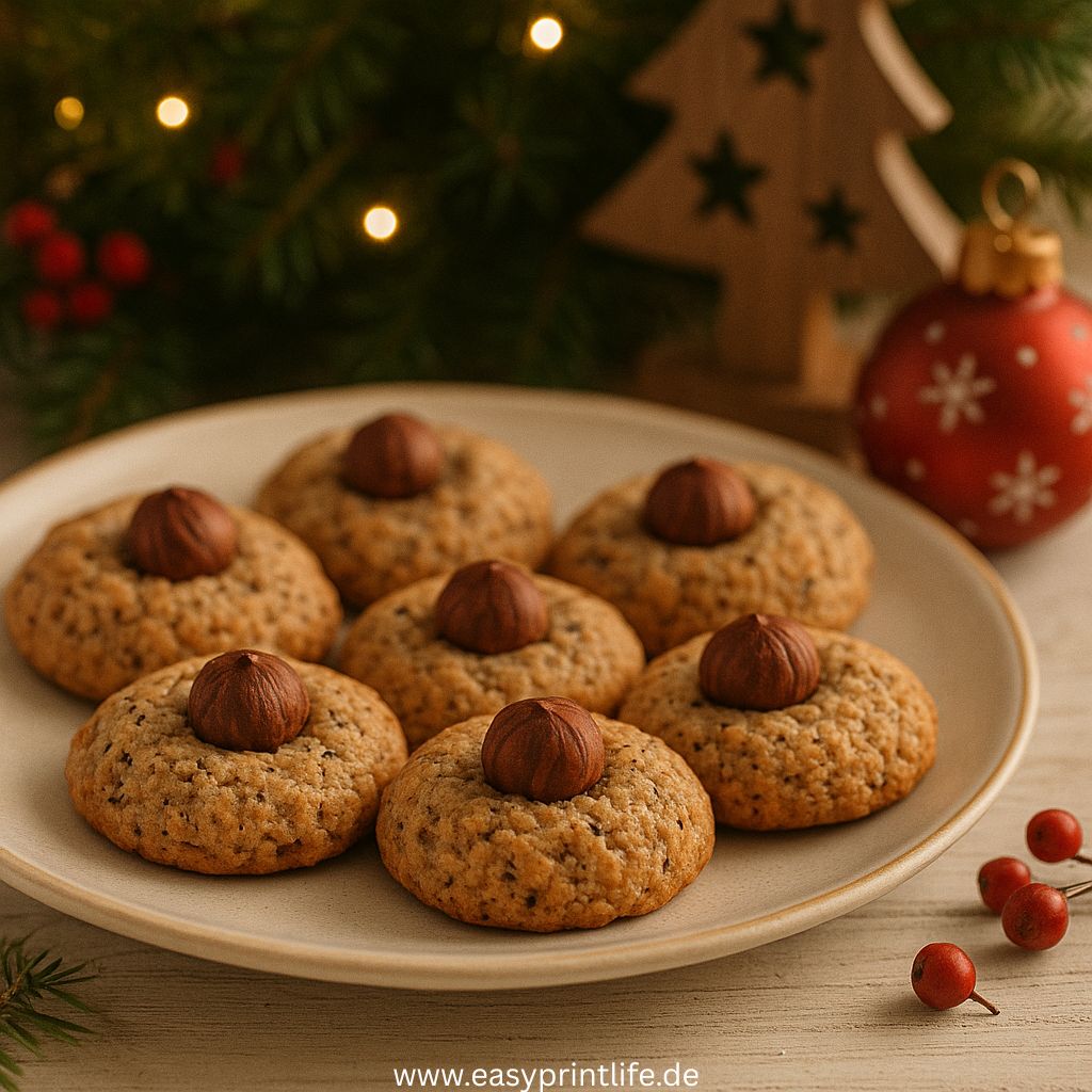 Auf dem Bild sind Nussmakronen zu sehen mit einer Haselnuss in der Mitte. Die Plätzchen sind auf einem Teller angerichtet und im Hintergrund ist weihnachtliche Dekoration