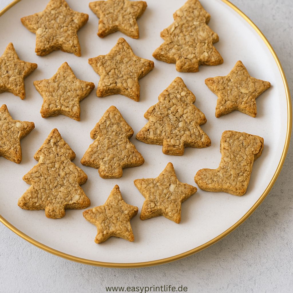 Auf dem Bild ist ein Teller mit Haferkeksen zu sehen, die in Stern, Tannenbaum und Stiefel Formen ausgestochen sind
