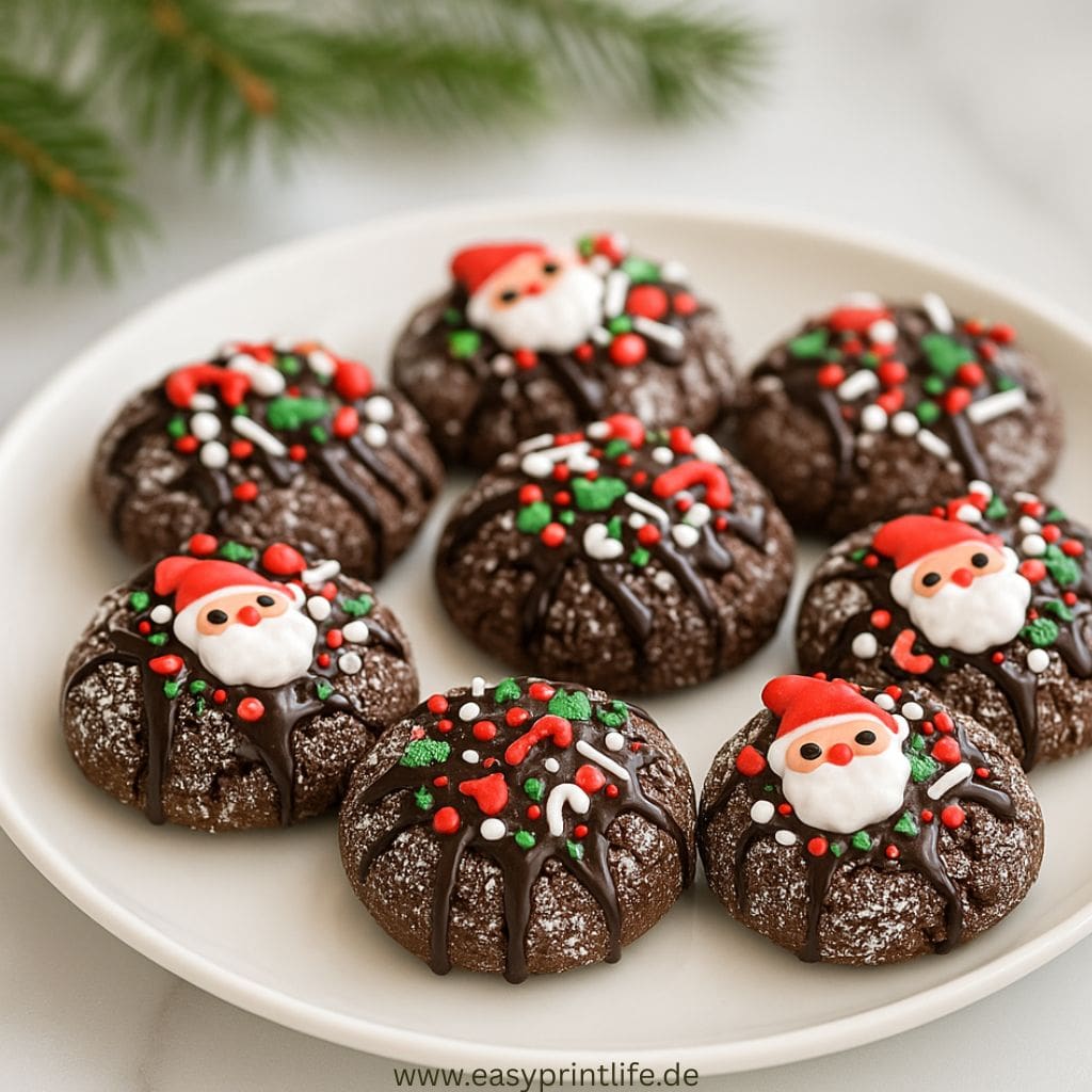 Auf dem Bild sind Schokoladen Plätzchen zu sehen, die mit weihnachtlichen Streuseln verziert wurden. Sie liegen auf einem Teller und im Hintergrund ist ein Tannenzweig