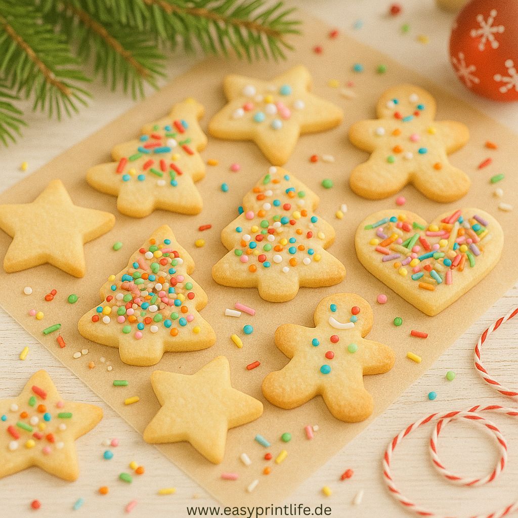 Auf dem Bild sind weihnachtliche Butterplätzchen zu sehen, die mit bunten Streuseln verziert wurden