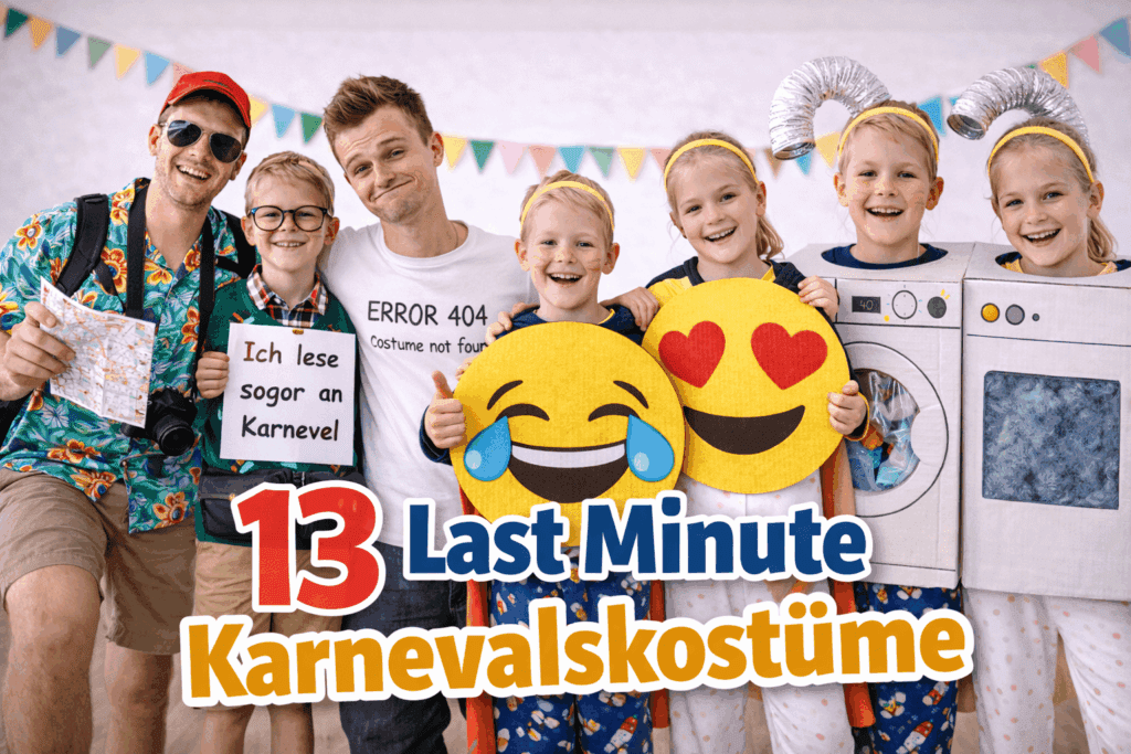 Kinder und Eltern in verschiedenen Last-Minute-Karnevalskostümen wie Emoji, Waschmaschine, Tourist und Bücherwurm – DIY-Ideen aus Haushaltsmaterialien