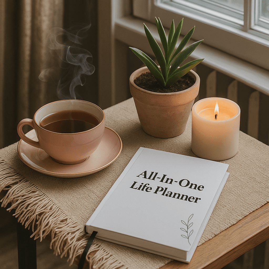 Ruhiger Winter-Arbeitsplatz mit rosa Teetasse, Kerze, Zimmerpflanze und All-In-One Life Planner auf einem Holztisch