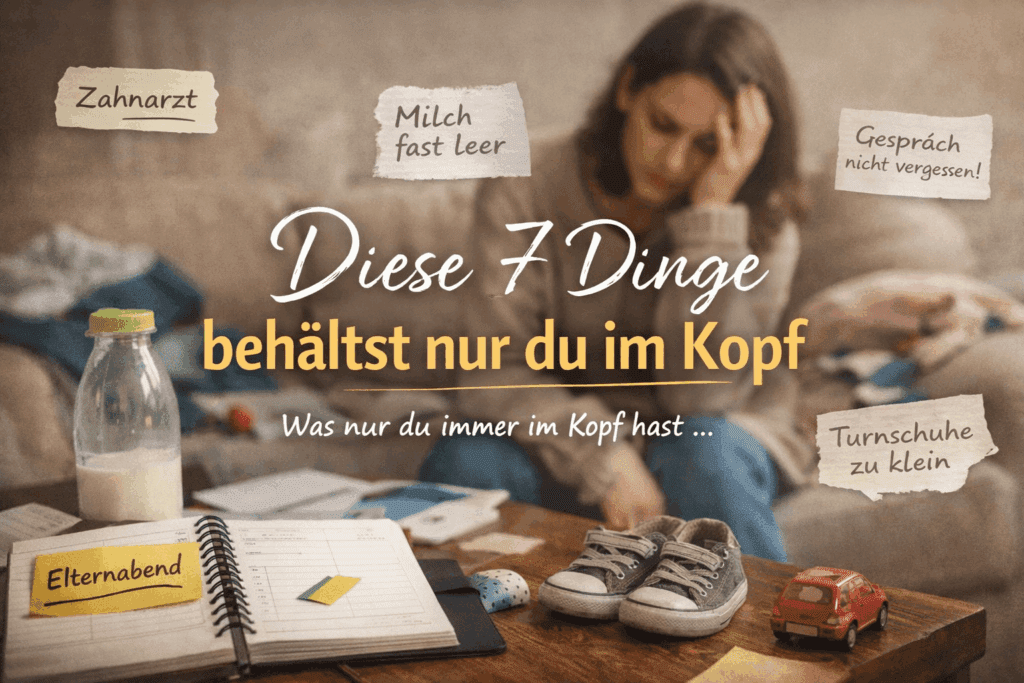 Erschöpfte Mutter sitzt auf dem Sofa, umgeben von Alltagsgegenständen wie Planer, Milchflasche und Kinderschuhen – Symbol für Mental Load im Familienalltag.