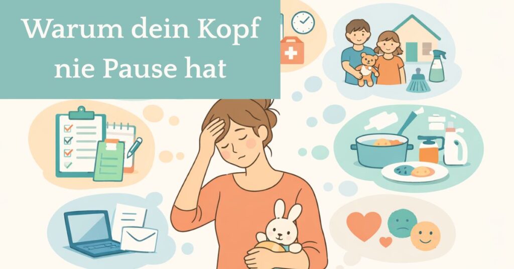 Illustration einer erschöpften Mutter mit Gedankenblasen voller To-dos wie Haushalt, Kinder, Termine und Arbeit – Symbol für Mental Load