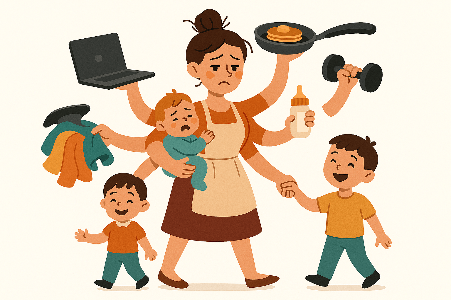 Zeichnung von einerMutter mit drei Kindern, die alles jongliert