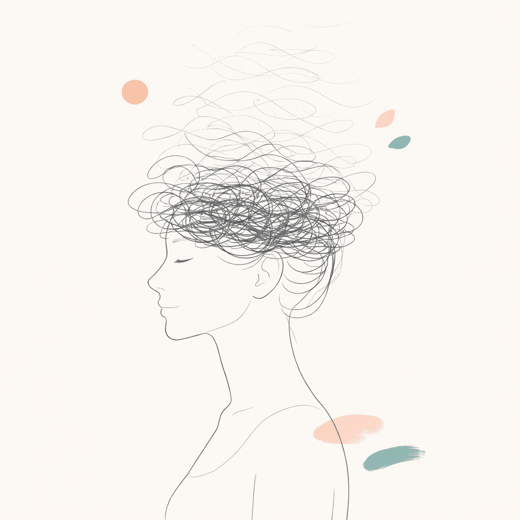 Minimalistische Illustration einer Frau mit wirrem Linienchaos im Kopf, das sich nach oben hin auflöst – Symbol für Mental Load und innere Entlastung
