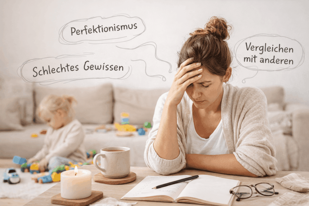 Erschöpfte Mutter sitzt nachdenklich am Tisch, während Gedanken wie Perfektionismus, schlechtes Gewissen und Vergleichen mit anderen symbolisch über ihr schweben.