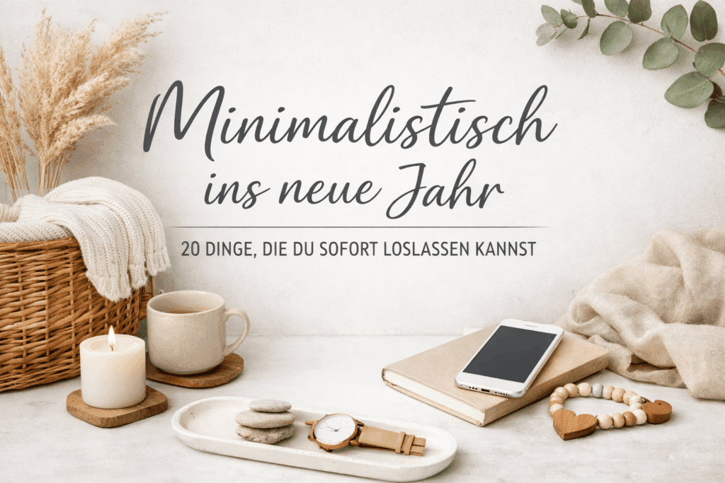 Minimalistisches Titelbild zum Jahresstart mit ruhigem Stillleben aus Kerze, Notizbuch, Handy und Naturmaterialien in hellen Scandi-Farben.