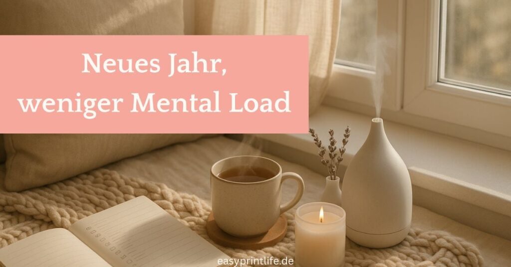 Eine ruhige Szene mit Journal, Kaffee und Kerze und dem Titel: Neues Jahr, weniger Mental Load auf Apricotfarbenen Hintergrund