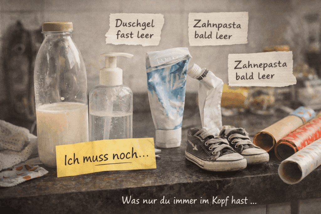 Fast leere Milchflasche, Duschgel und Zahnpasta auf einer Küchenarbeitsfläche – typische Mental-Load-Gedanken von Müttern.