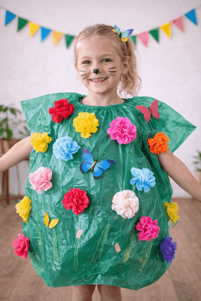 Blumenwiese Karnevalskostüm aus grünem Müllsack mit bunten Papierblumen